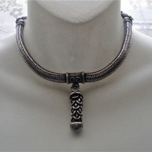 Vintage Rajasthan India Signed RA Sterling Silver Pendant Necklace Choker 128 g.